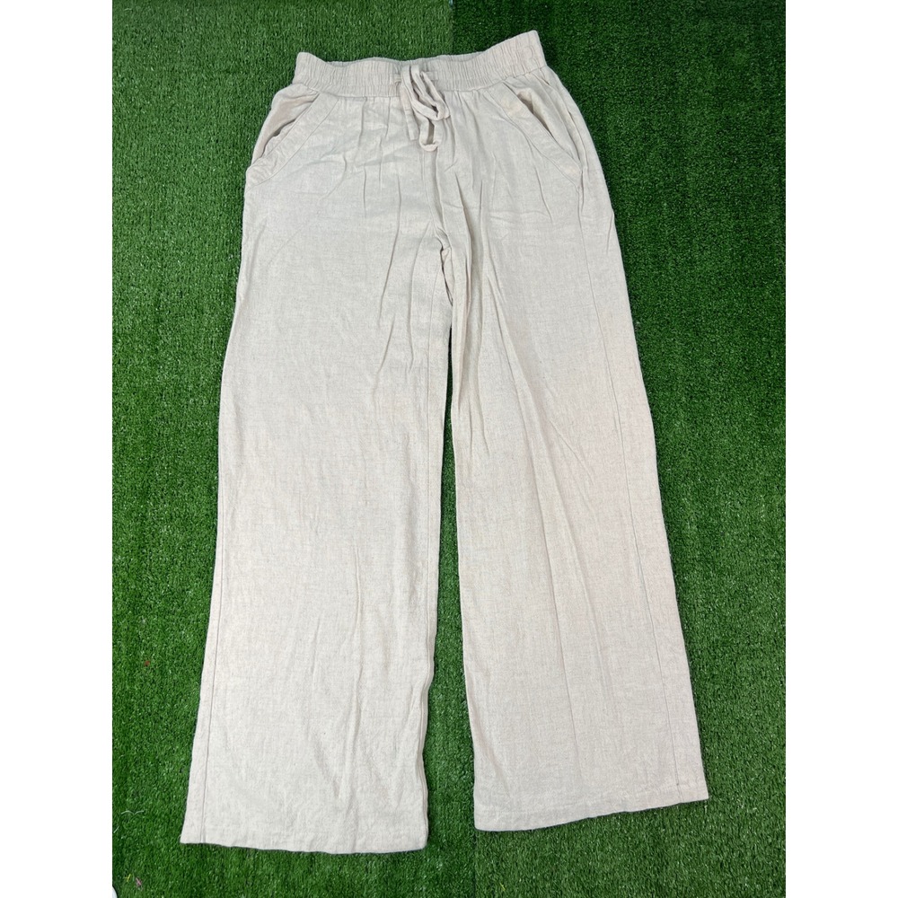 Sienna Sky Womens Beige Rayon Linen Blend Wide Leg Drawstring Pants Large